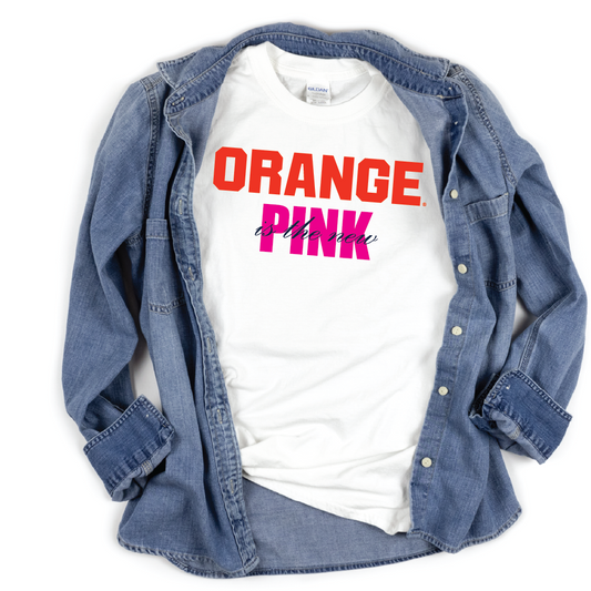 Flatlay of white t-shirt with bold orange and hot pink “Orange is the new Pink” design, styled with chambray shirt – trendy Syracuse fan tee by Citrus Styles